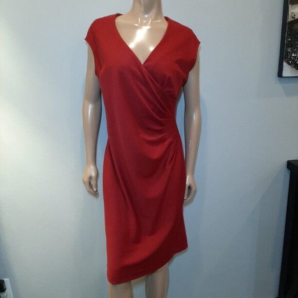 Evan Picone Ponte Faux Wrap Dress Pleated Gathered Cap Sleeve Surplice - Picture 14 of 14